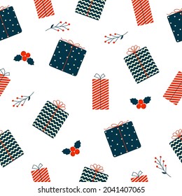Christmas and New Year seamless pattern. Colorful gift boxes and mistletoe on white background. Doodle style. Vector illustration  