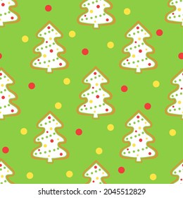 Christmas and New Year seamless pattern with fir trees. Vector background with glazed gingerbreads in the form of Christmas trees. Decorated pine trees with garlands and balls. Template.