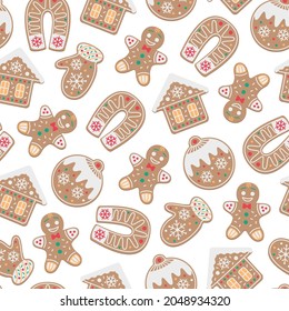 Christmas and New Year seamless pattern with traditional gingerbread cookies - gingerbread man, horseshoe, house. Print for holiday wrapping paper, fabric, web design. Vector flat design illustration