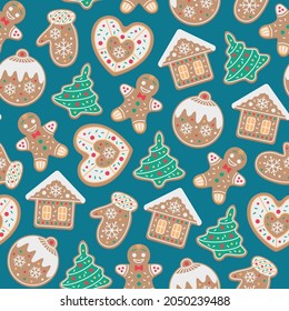 Christmas and New Year seamless pattern with traditional gingerbread cookies on green background. Print for holiday wrapping paper, fabric, web design. Vector flat design illustration