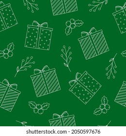 Christmas and New Year seamless pattern. Line art gift boxes, mistletoe and holly on green background. Doodle style. Vector illustration