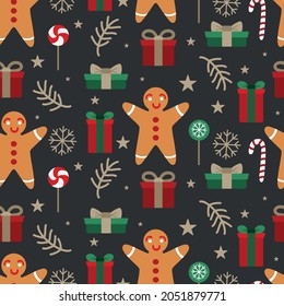 Christmas and New Year seamless pattern with winter elements . Vector illustration.
