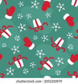 
Christmas and New Year seamless pattern on a green background. Stock vector illustration for wrapping paper, postcards, textiles, fabric, websites, clothing.