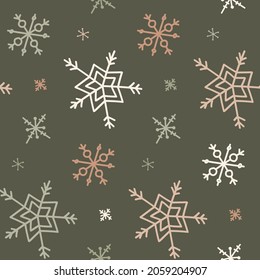 Christmas, new year seamless pattern, snowflakes line illustration. Vector icons of winter holidays, cold season snowfall. Celebration party black white repeated background.
