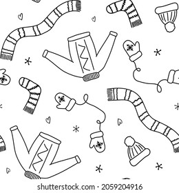 Navidad, año nuevo patrón sin costura, copos de nieve ilustración de línea. Iconos vectoriales de las vacaciones de invierno, la nieve de la temporada fría. Fiesta de la celebración blanco negro repetido fondo.