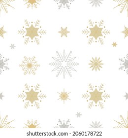 Weihnachten, neues Jahr nahtlose Muster, goldene und silberne Schneeflocken Linie Illustration. Vektorsymbole für Winterferien, Schneeflocken in der kalten Jahreszeit, Schneefall