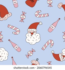 Christmas and New year seamless pattern with Santa Claus face close up, candy cane, bottle of champagne. Hand drawn vector illustrations on blue background. For wrapping paper, textile, notebook.
