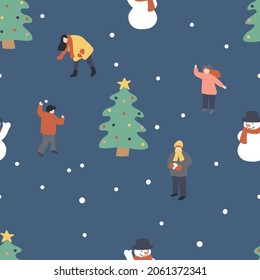 Christmas and New Year seamless pattern. Winter holidays. People are playing snowballs. Vector hand drawn illustration in flat cartoon style.
