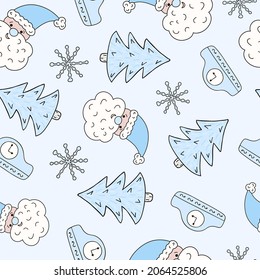 Christmas and New year seamless pattern with Santa Claus face close up, Christmas tree, snowflake, clock. Hand drawn vector illustrations on blue background. For wrapping paper, textile, notebook.