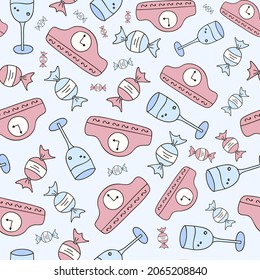 Christmas, New year seamless pattern with Santa Claus face close up, clock, glass of champagne, candies. Hand drawn vector illustrations on blue background. For wrapping paper, textile, notebook.