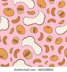 Christmas and New year seamless pattern with mandarin in different shapes (whole, tangerine slices, peel). Cute hand drawn vector illustrations on pink background. For gift paper, textile, notebook.