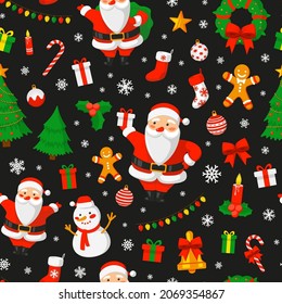 Christmas and new year seamless pattern with cute illustrations on black background