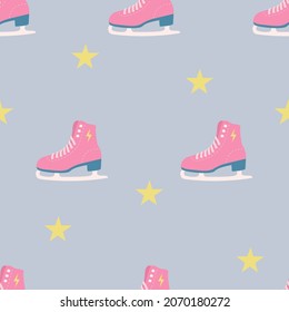 Christmas and New Year seamless pattern. Blue background with pink skates in vector. Gift wrapping paper.