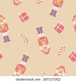 Christmas and New Year seamless pattern with nutcrackers and lollipop. Seasonal design for gift wrap, fabric, cards, invitation, kids, banner, poster.