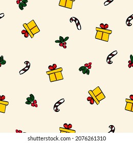 Christmas and New Year seamless pattern with gifts, berries and caramel sticks. Cute winter pattern for wrapping paper, banner and poster.