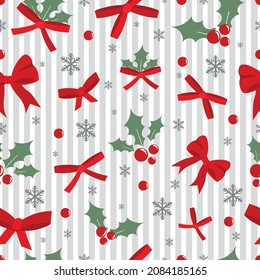 Christmas and new year seamless pattern. Red ribbons and holly berries texture on striped background. Snowflakes texture.