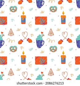 Christmas and New Year seamless pattern with different winter symbols. Flat vector objects. Cute hand drawn background for wrapping paper, print, card, gift, fabric, wallpaper, packaging, textile.