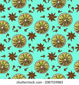 Christmas and New Year Seamless pattern. Winter holiday symbols, dried lemon slice, star anise, dried cloves. Hand Drawn vector illustration.