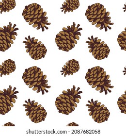 Christmas and New Year Seamless pattern with pinecone. For printing wrapping paper, packaging, fabric. Hand Drawn vector illustration.
