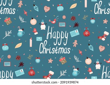 Patrón de Navidad y Año Nuevo sin problemas con elementos de Navidad. Dejando feliz Navidad. Textura vectorial para impresión y diseño de ropa.