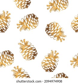 Christmas and New Year Seamless pattern with watercolor pinecone. For printing wrapping paper, packaging, fabric. Hand Drawn vector illustration.