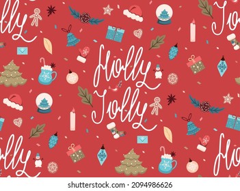 Christmas and New Year Seamless Pattern with Christmas Elements. Holly Jolly. Vector Texture for printing and clothing design.