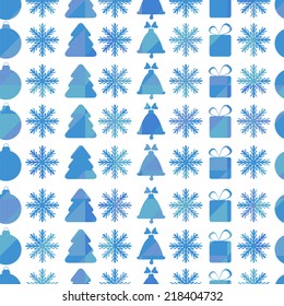 Christmas and New Year seamless pattern with snowflakes, Christmas trees and Christmas toys