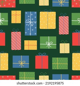 Christmas and New Year seamless pattern. Colorful gift boxes on green background. Doodle style. Vector illustration