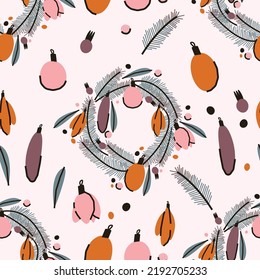 Christmas and New Year seamless pattern with tree toys, berries in vector. Stylish background, print, design