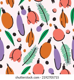 Navidad y Año Nuevo sin fisuras con juguetes de árbol, bayas en vectores. Fondo elegante, impresión, diseño