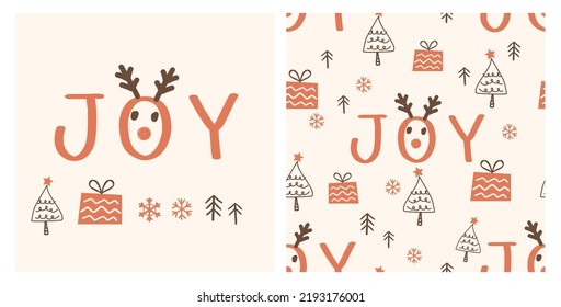 Christmas and New year seamless pattern with reindeer, pine tree, gift box, snowflakes and hand written font on pastel background vector illustration.