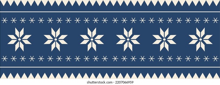 Christmas and New Year seamless pattern. Flat knitting pattern, Fair Isle in blue and white with Scandinavian snowflakes for winter hat, sweater, jumper, paper or other designs.