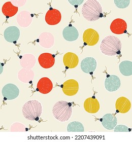 Navidad y Año Nuevo sin fisuras con juguetes de árbol en vector. Fondo elegante, impresión, diseño