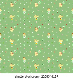 Christmas and New Year seamless pattern with cute cartoon cats on green background. Vector holiday winter background concept.