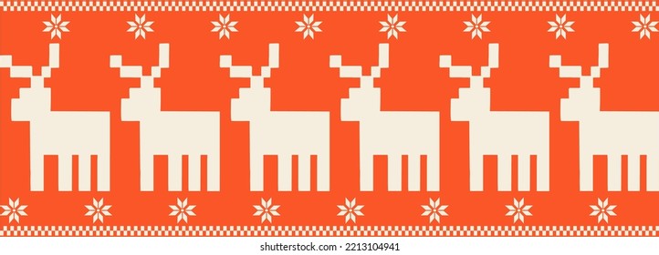 Christmas and New Year seamless pattern. Fair Isle flat knitting pattern with Scandinavian snowflakes and reindeer for winter hat, sweater, jumper, paper or other designs.