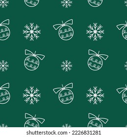 Navidad y año nuevo patrón sin fisuras, copos de nieve ilustración de línea. Fondo de nieve repetido. Los copos de nieve de juguete navideño sobre fondo verde. Patrón de 2023. Patrón invernal para papel e impresión