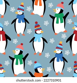 Christmas and New Year seamless pattern with cartoon penguins cute winter cartoon Vector Childish print for kids fabric and wrapping paper