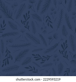 Christmas and New year seamless pattern with hand drawn fir tree branches on blue background. Wallpaper, wrapping paper, textile print, scrapbooking, etc. EPS 10
