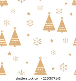 Christmas or New year seamless pattern with pine trees, snowflakes and stars on white background vector illustration.