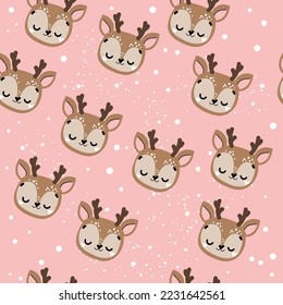 Christmas and new year seamless pattern with deer head in vintage style for children. Vector illustration on a pink background