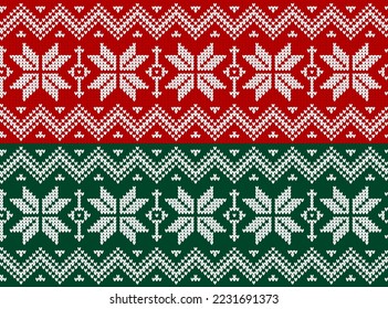 Christmas and New Year seamless pattern. Red-white and Green-white fair isle pixel pattern in red and green with nordic snowflakes for winter hat, ugly sweater, jumper, paper, or other designs.