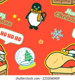 Christmas, new year seamless pattern, line background, winter holiday illustration. Vector icons of pine tree, gift, letter to santa, presents, snow.