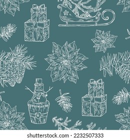Christmas and New Year seamless pattern with plants and simbols. Poinsettia flower, pine cones, snowman, presents, santa claus sleigh with christmas tree. Vector hand drawn