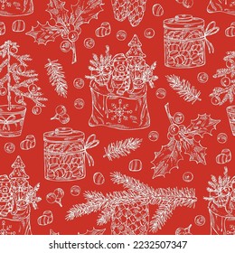 Christmas and New Year seamless pattern with plants and simbols. Holly tree, spruce, spruce cones, sweets, presents, toys, a bag with presents, Christmas tree and holly branch. Vector hand drawn