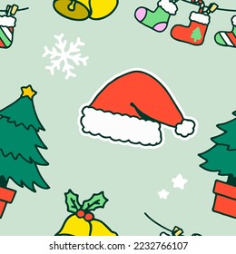 Christmas, new year seamless pattern, line background, winter holiday illustration. Vector icons of pine tree, gift, letter to santa, presents, snow.