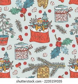 Christmas and New Year seamless pattern with plants and simbols. Holly tree, spruce, spruce cones, sweets, presents, toys, a bag with presents, Christmas tree and holly branch. Vector hand draw