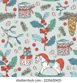 Navidad y Año Nuevo sin fisuras con plantas y simboles. Árbol de hojalata, abeto, conos de abeto, caramelos, regalos, árbol de Navidad, rama de mistletoe, caballo de madera y rama holly. Vector