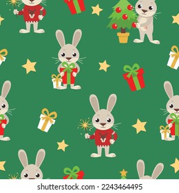 Christmas or New Year seamless pattern. A hare or a rabbit decorates the Christmas tree, holds a gift and in a sweater with a deer holds a burning sparkler.