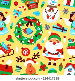 Christmas new year seamless pattern with festive wreath snowman deer vector illustration