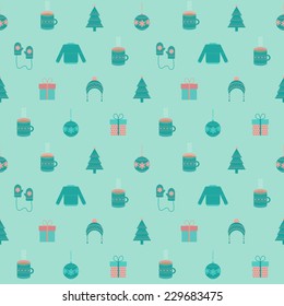 Christmas and New Year seamless pattern in flat style. Vector holiday background with christmas tree toys, gifts, hat, sweater, cup of tea and mittens